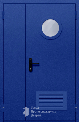 Фото двери «Полуторная с круглым стеклом и решеткой (синяя)» в Старой Купавне