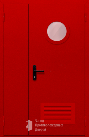 Фото двери «Полуторная с круглым стеклом и решеткой (красная)» в Старой Купавне